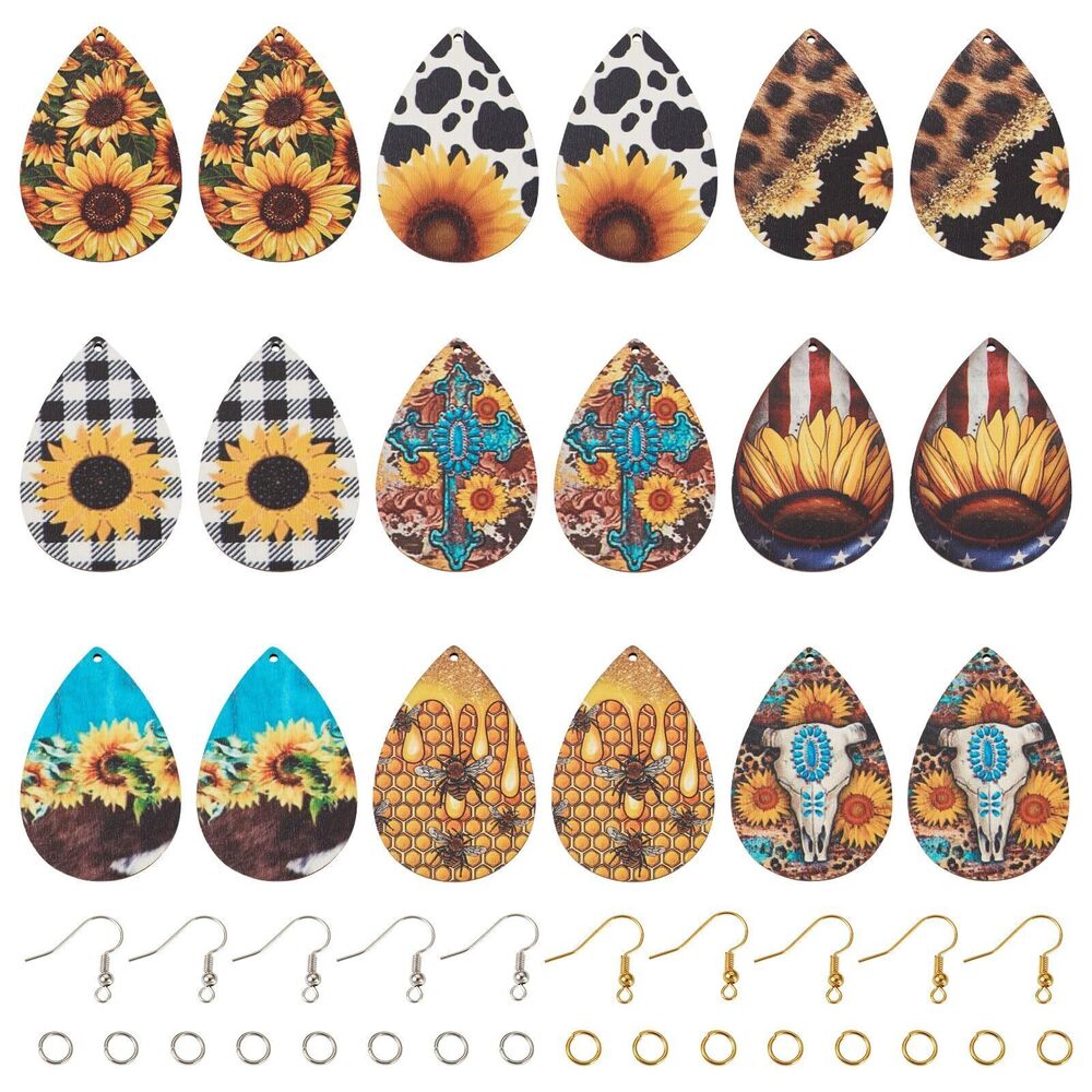 3143 Beadthoven 18 Pairs DIY Sunflower Printed Wood Dangle Earring Making